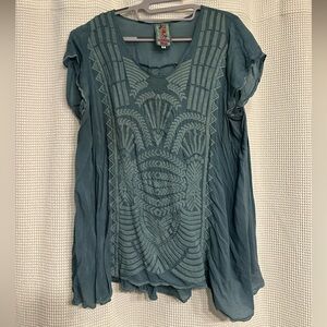 Johnny Was Teal Embroidered Blouse